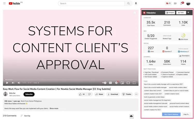 YouTube video with Videolytics analytics panel open