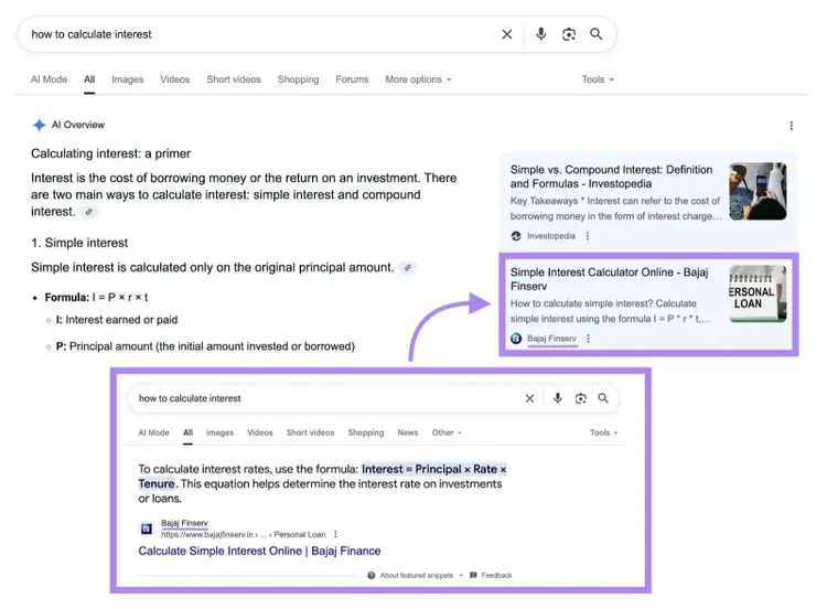 用語 "の SERP では、スニペット用にすでに最適化されているコンテンツを引用した Google の AI 概要が表示され、関心度を計算する方法が示されています。