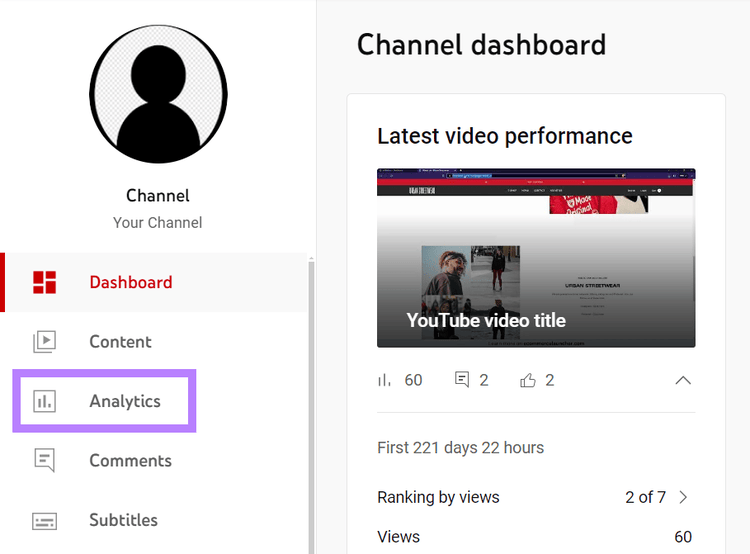 YouTube Studioのホームページのメニューから「アナリティクス」を選択