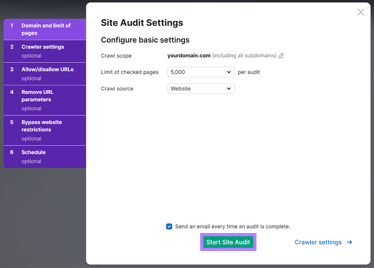 Semrushサイト監査設定ポップアップで「サイト監査を開始」ボタンがハイライト表示されている