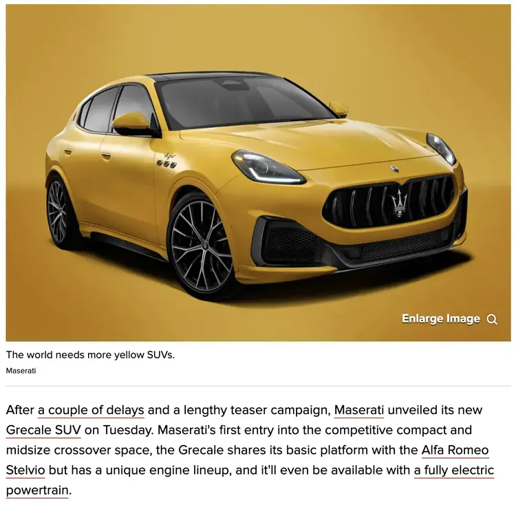Yellow Maserati SUV product image and article headline
