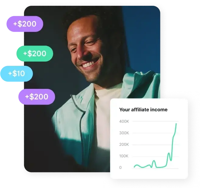 Man smiling beside affiliate income notifications and a rising earnings chart