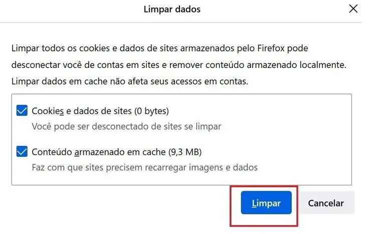 Firefox dialog para limpar cookies e cache com botão Limpar destacado