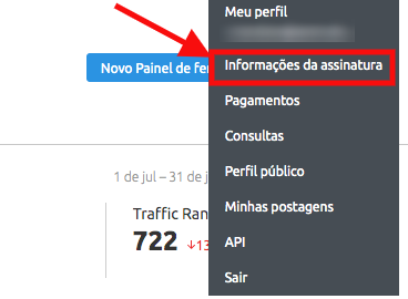 Menu perfil usuário Semrush mostrando opções como 'Meu perfil' e 'Informações assinatura'