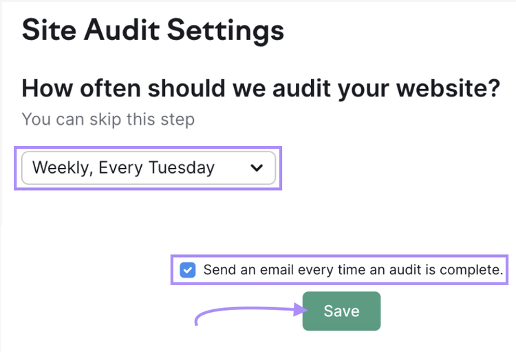 agende com que frequência a ferramenta deve auditar seu site nas Configurações de Auditoria do Site