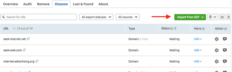Aba Disavow do Backlink Audit com botão 'Importar do GDT' e tabela de domínios