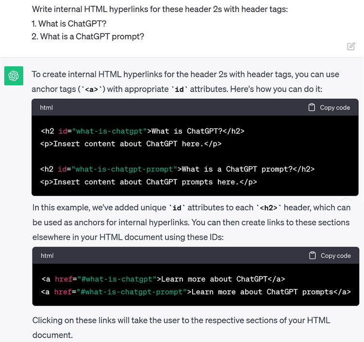 Um prompt pedindo ao ChatGPT para escrever hiperlinks HTML internos