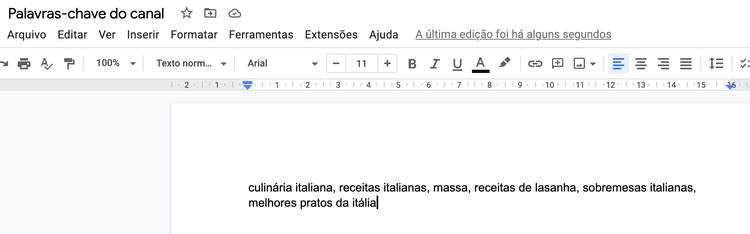 palavras-chave de canal em um Google Doc