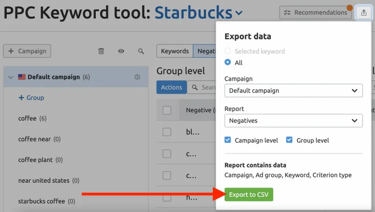 exportar dados na PPC Keyword Tool