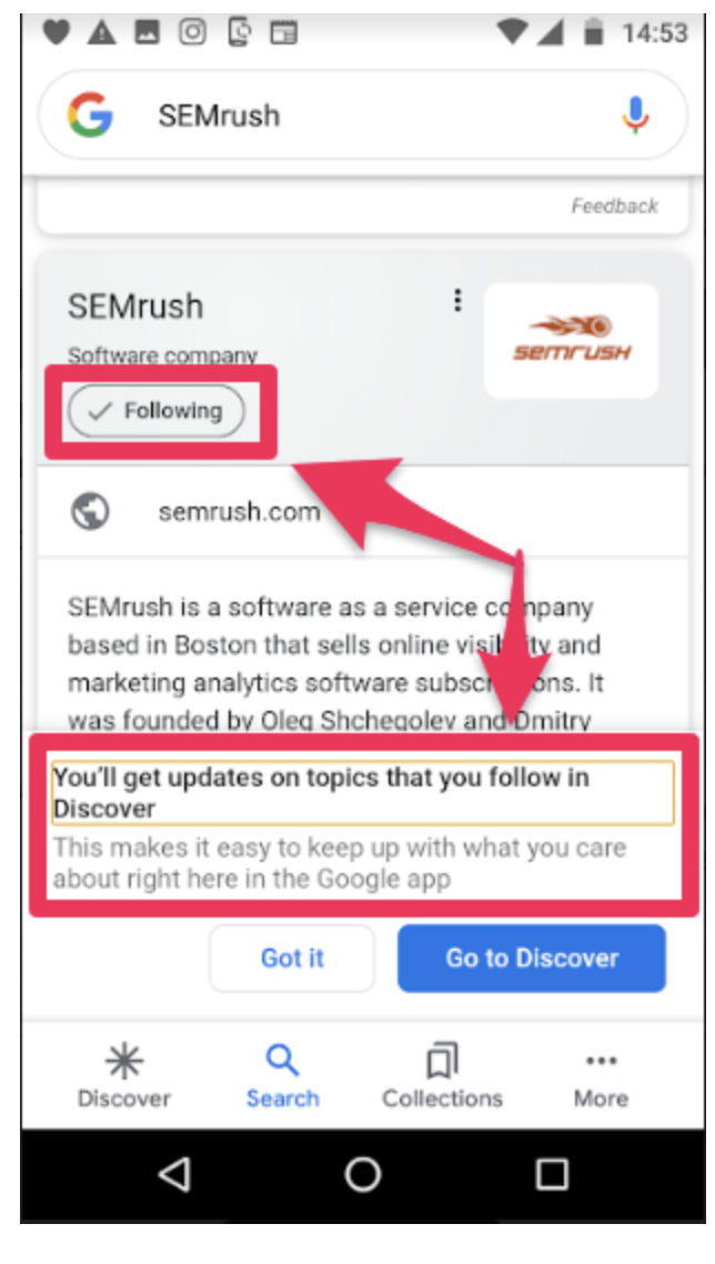 Google Discover Semrush Seguindo notificação sobre atualizações tópicos