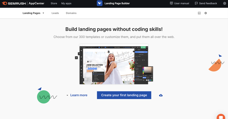 Interface Landing Page Builder com opção para criar páginas de destino