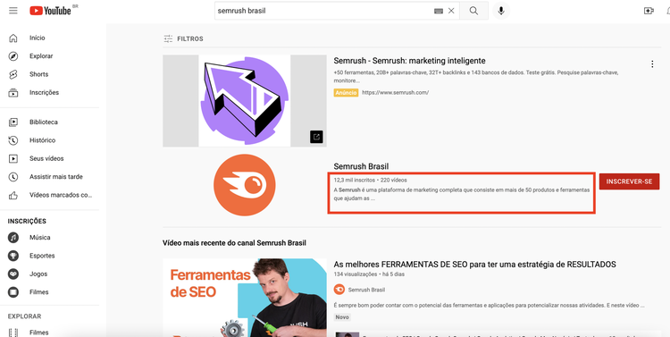 Snippet na SERP do YouTube