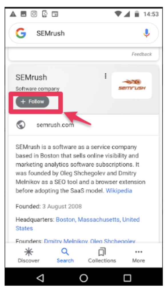 Google Discover Semrush perfil empresa com botão + Seguir destacado vermelho