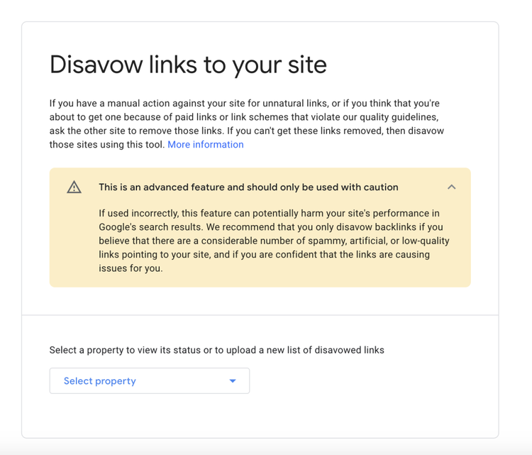 Captura de tela da ferramenta de rejeição do Google