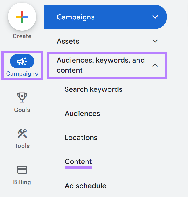 A opção “Conteúdo” foi selecionada na seção “Públicos-alvo, palavras-chave e conteúdo” do menu do Google Ads.