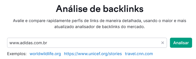 tela inicial da ferramenta análise de backlinks