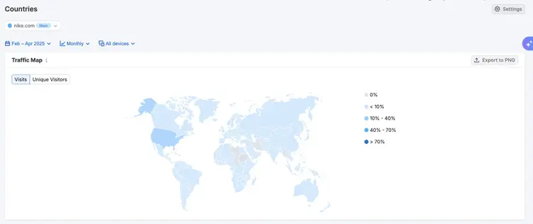 Semrush Traffic Map world visualization showing traffic distribution by country