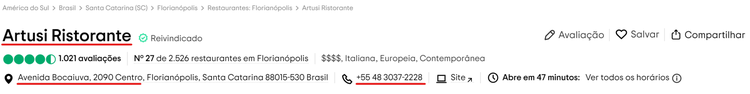 nome, endereço e número de telefone no tripadvisor