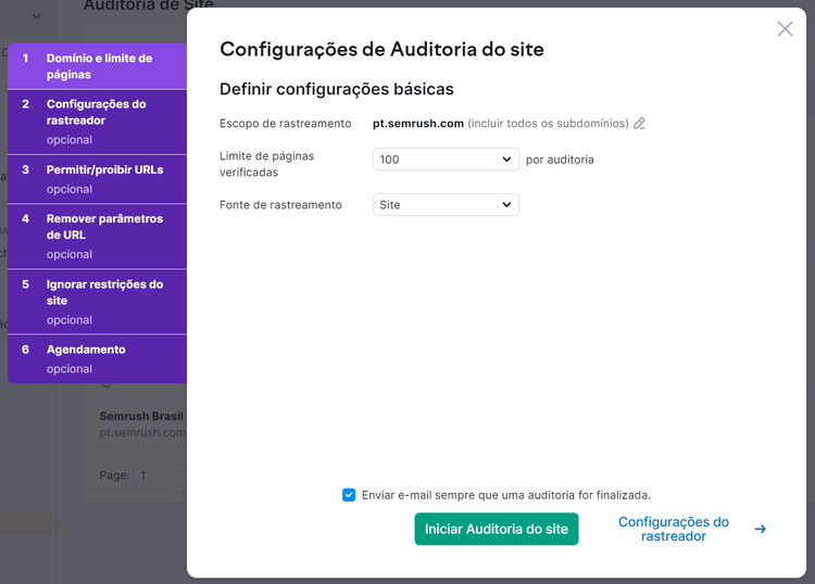 configurando auditoria do site