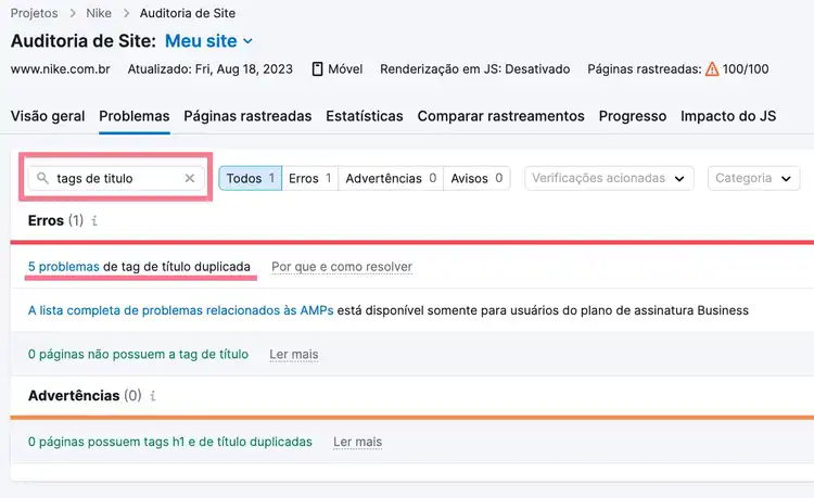 erros de tags de título