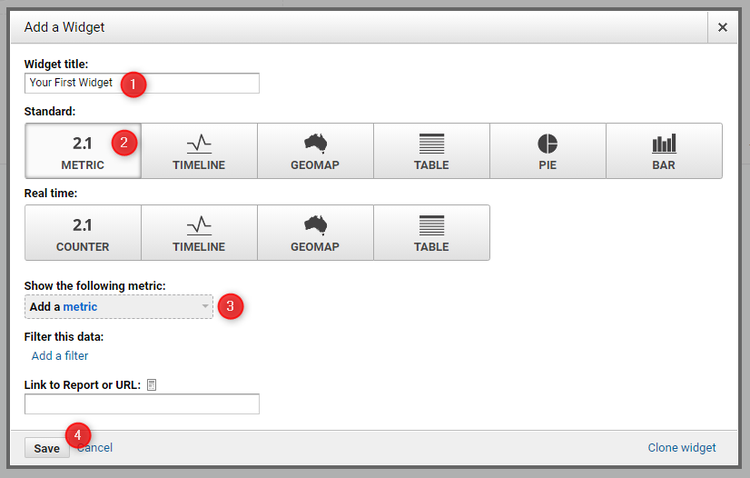 Dialog adicionar widget com tipos padrão: métrica, timeline, geomap, tabela, pizza