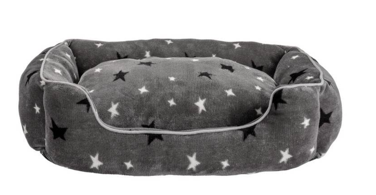 Cama de cachorro cinza com padrão de estrelas brancas