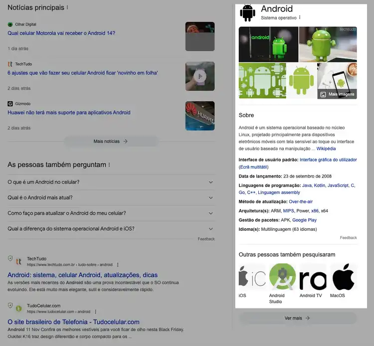 Painel de informações sobre Android