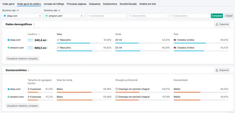 O relatório "Visão geral do público" mostra informações gerais sobre o público do seu concorrente
