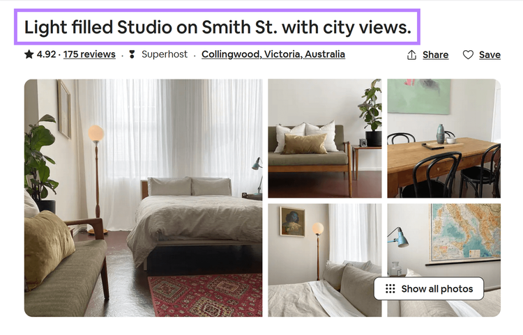 Um exemplo de título de anúncio do Airbnb dizendo "Estúdio cheio de luz na Smith St. com vista para a cidade"
