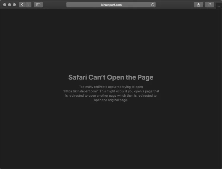 Safari browser error page saying Safari can't open page due to too many redirects