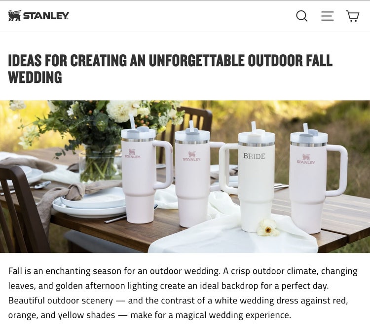 Uma seção do post da Stanley Quencher em "Ideias para criar um casamento inesquecível ao ar livre no outono"