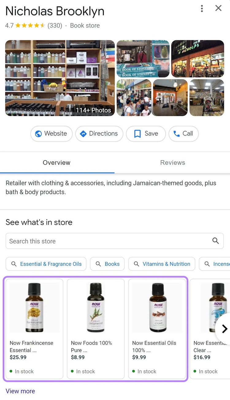 Postagem sobre o produto no perfil do Google Meu Negócio de Nicholas Brooklyn
