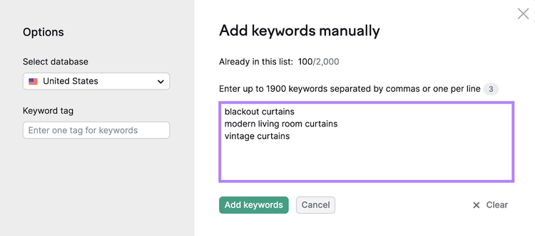janela pop-up para adicionar palavras-chave manualmente