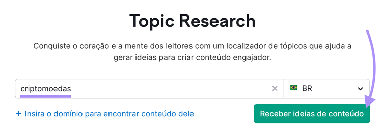 busca sobre criptomoedas na ferramenta Topic Research da Semrush