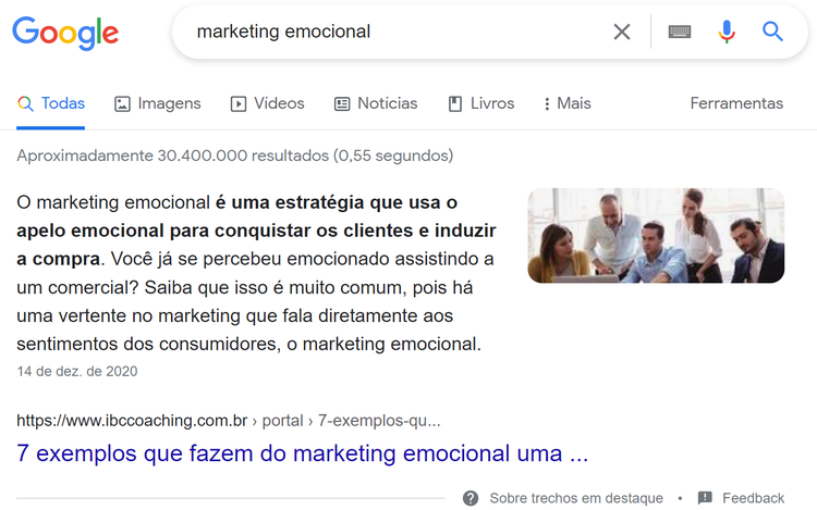 como melhorar seo - exemplo serp google com featured snippet