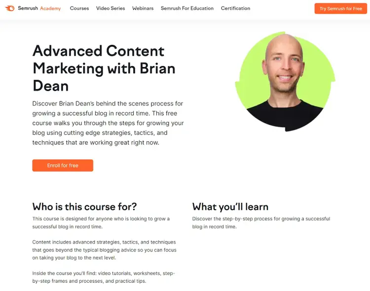 Página de destino do Marketing de conteúdo avançado com Brian Dean