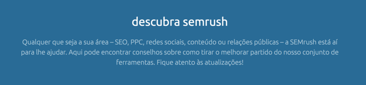Banner azul com texto 'descubra semrush' e descrição das ferramentas disponíveis