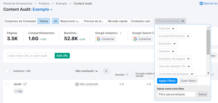 criando filtros na ferramenta content audit