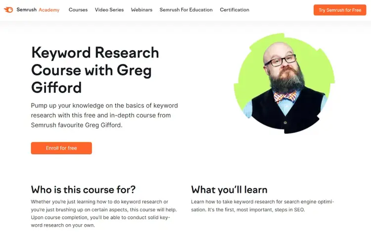 Curso de pesquisa de palavras-chave com a página de destino de Greg Gifford