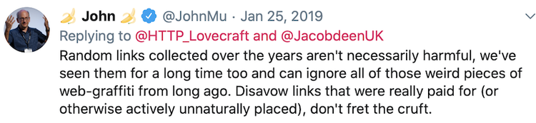 Tweet de John sobre ignorar links antigos coletados ao longo dos anos a menos que pagos
