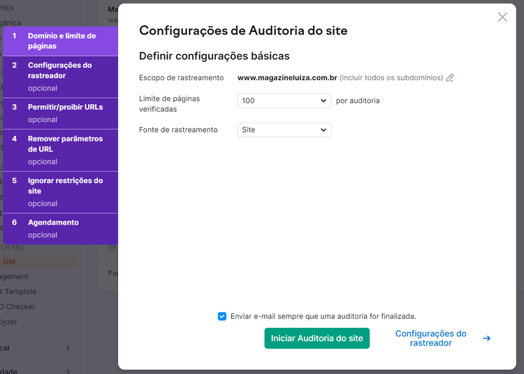 configurando auditoria do site