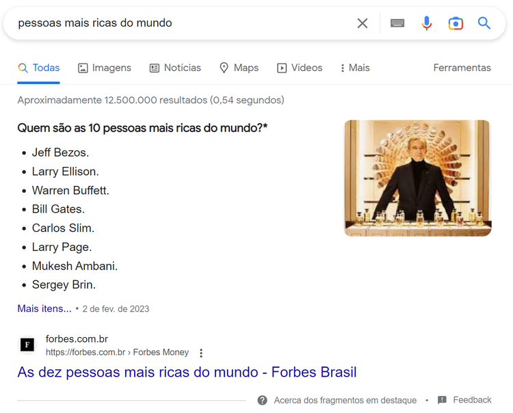 exemplo de featured snippet de lista
