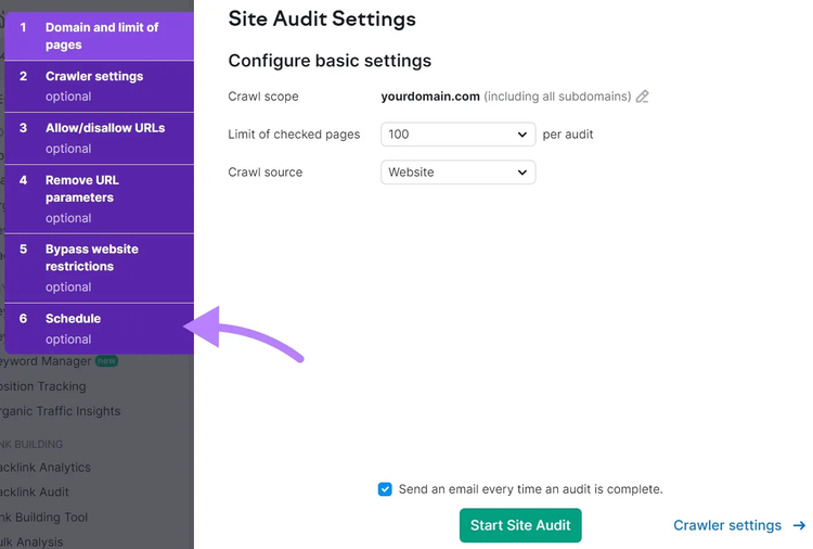 configuração de auditoria do site com a opção Agendar destacada