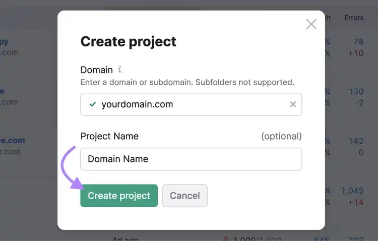 Janela pop-up "Criar projeto" no Semrush