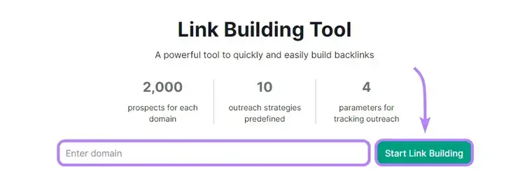 A ferramenta de Link Building inicia com o campo de entrada e o botão Iniciar Link Building destacado.