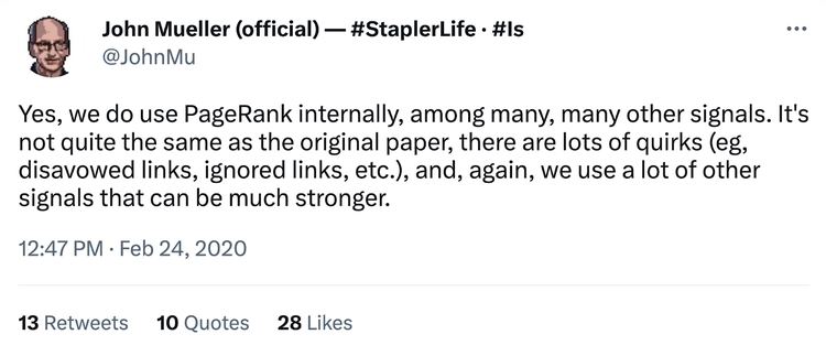 Screenshot do tweet de John Mueller