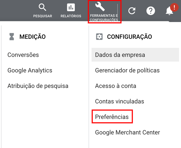 Menu de ferramentas do Google Ads com aba de notificações