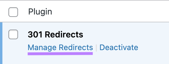 “Gerenciar redirecionamentos” destacado no plugin 301 Redirects