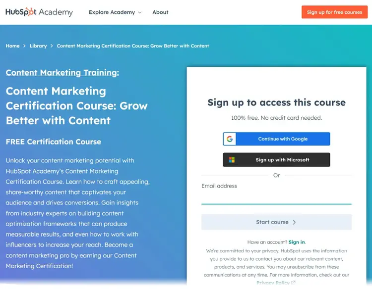 Página de destino do Curso de certificação de marketing de conteúdo