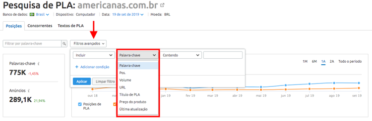 Menu suspenso de filtros avançados para pesquisa de PLA aberto